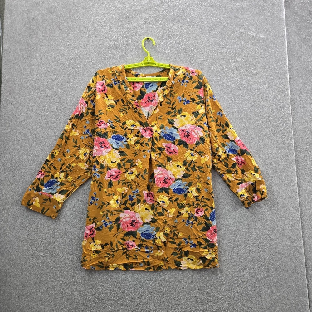 Old Navy Women Blouse 4X PLUS Yellow Floral V-Neck Pullover Long Sleeve Tunic